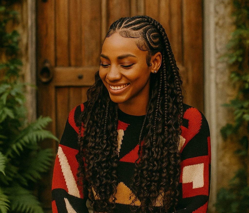 Geometric Part Cornrows With Curly Braids Geometric Part Cornrows With Curly Braids — Parts Braids