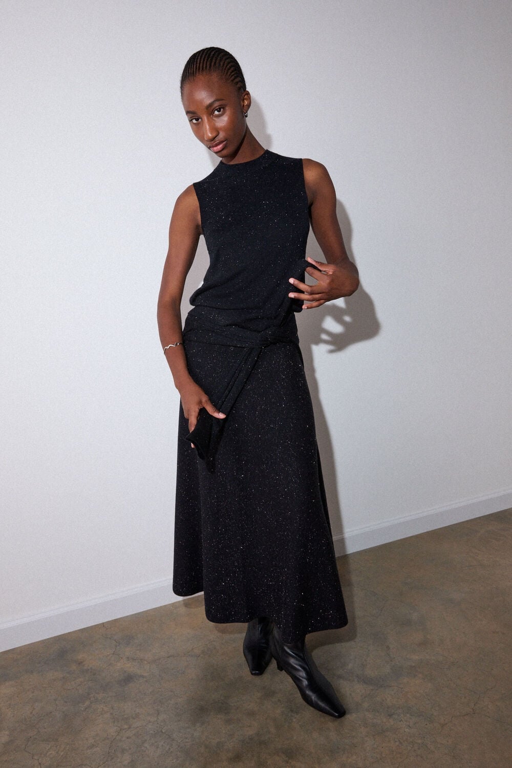 Black Sparkly Knit Sleeveless Top and Midi Skirt Set Black Sparkly Knit Sleeveless Top and Midi Skirt Set — Party Outfits Black Women