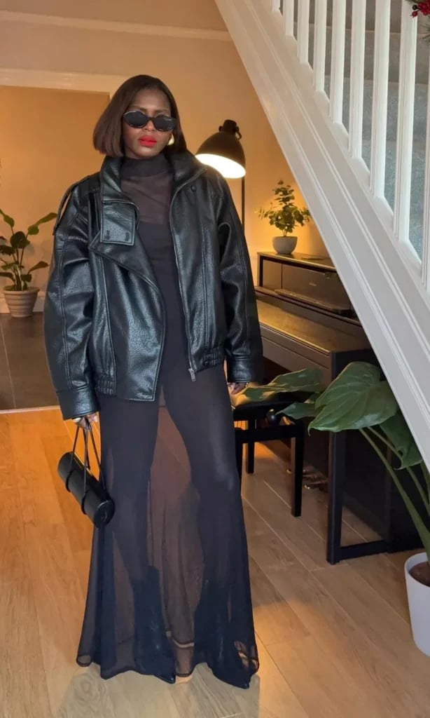 Oversized Black Leather Jacket Over Sheer Maxi Dress Oversized Black Leather Jacket Over Sheer Maxi Dress — Party Outfits Black Women