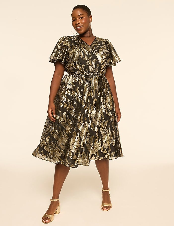 Black Metallic Leaf Print Wrap Dress Black Metallic Leaf Print Wrap Dress — Party Outfits Black Women