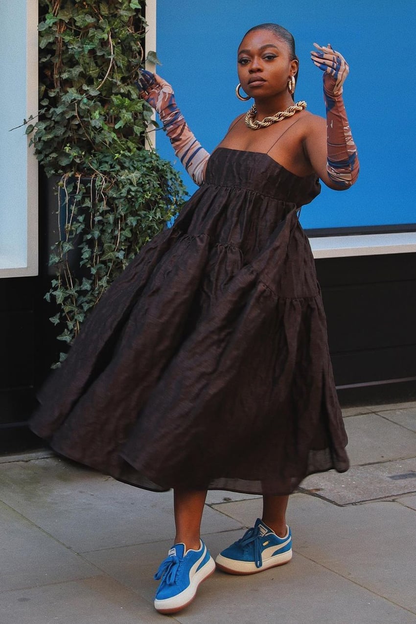 Tiered Midi Dress with Contrasting Colorful Sleeves Tiered Midi Dress with Contrasting Colorful Sleeves — Party Outfits Black Women