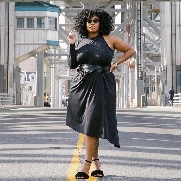 Black One-Shoulder Dress with Draped Skirt and Leather Belt Black One-Shoulder Dress with Draped Skirt and Leather Belt — Party Outfits Black Women