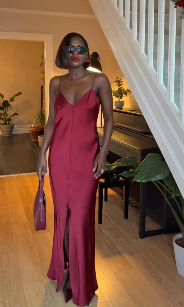 Deep Red Satin Slip Dress with High Slit Deep Red Satin Slip Dress with High Slit — Party Outfits Black Women
