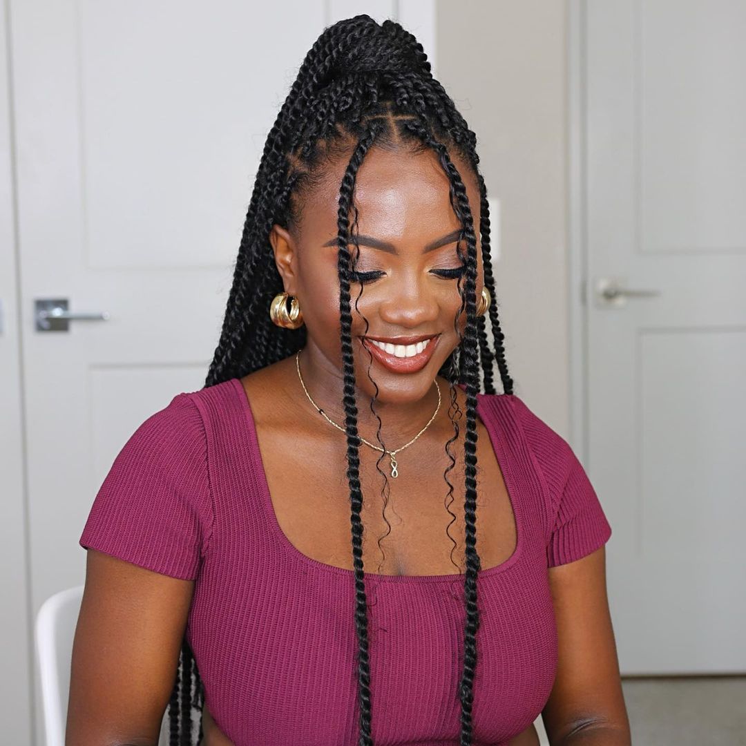 Mid-Back Black Passion Twists High Ponytail Style Mid-Back Black Passion Twists High Ponytail Style — Passion Twists Hairstyles