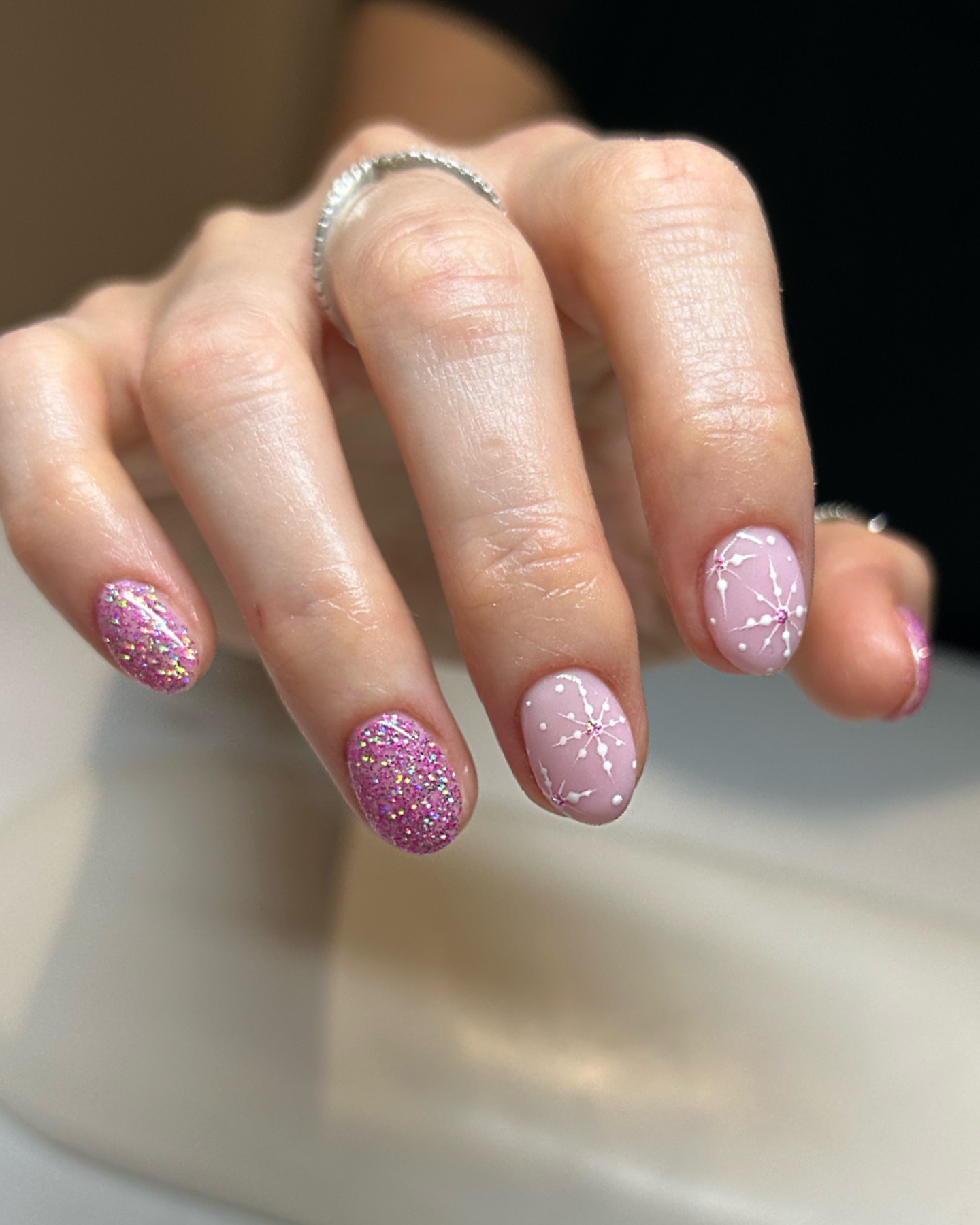 Pastel Pink Snowflake Glitter Oval Nails