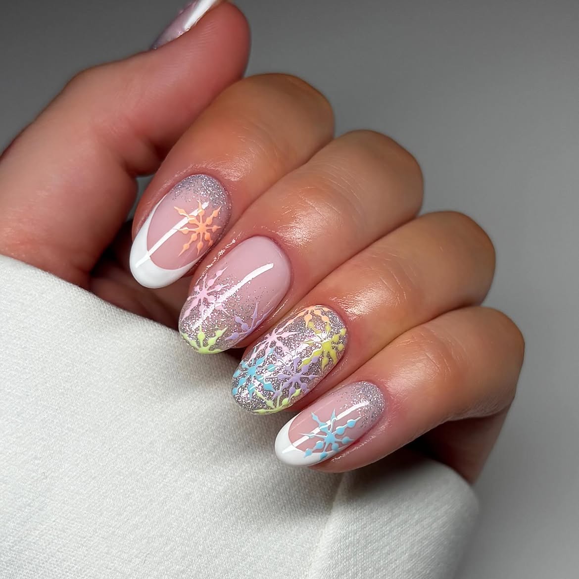 Pastel Snowflake French Tip Winter Nails