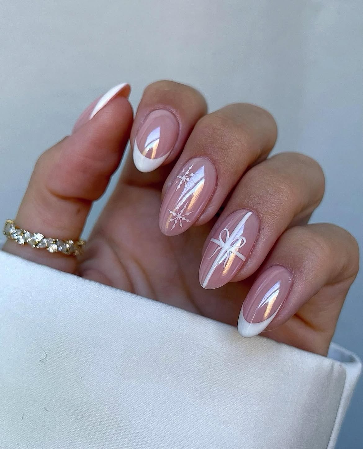 Pearl Chrome French Tips with Holiday Gift Nail Art