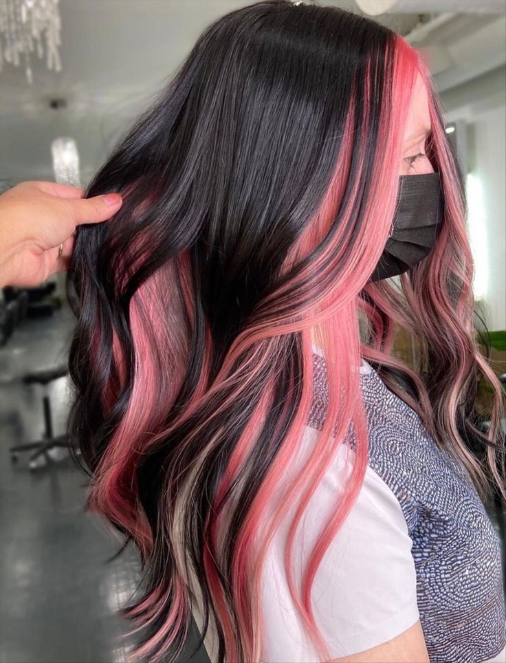 Mid-Back Black Hair With Pink Peekaboo Streaks — Peekaboo Hair