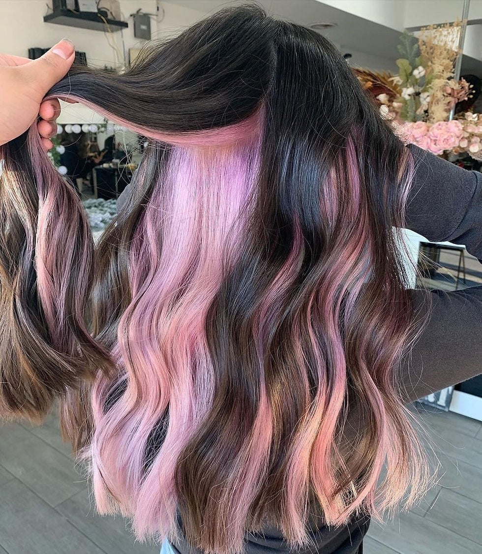 Dark Brown Mid-Back With Pink Peekaboo Highlights and Long Layers — Peekaboo Hair
