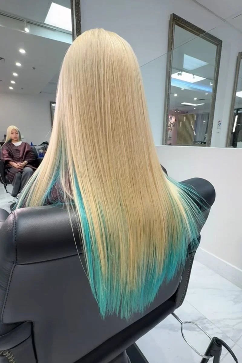 Mid-Back Blonde Hair With Turquoise Peekaboo Ends — Peekaboo Hair