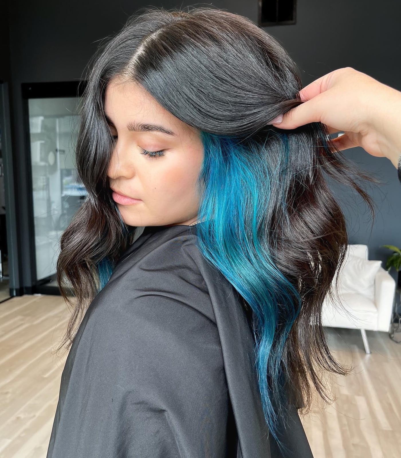 Collarbone Length Dark Brown With Blue Peekaboo — Peekaboo Hair