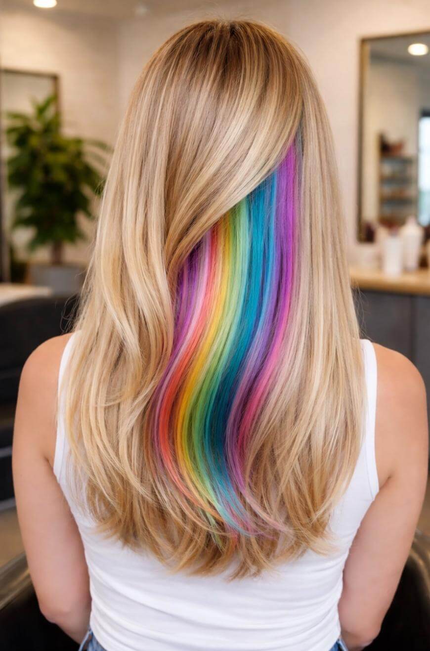 Mid-Back Blonde Hair With Rainbow Peekaboo — Peekaboo Hair