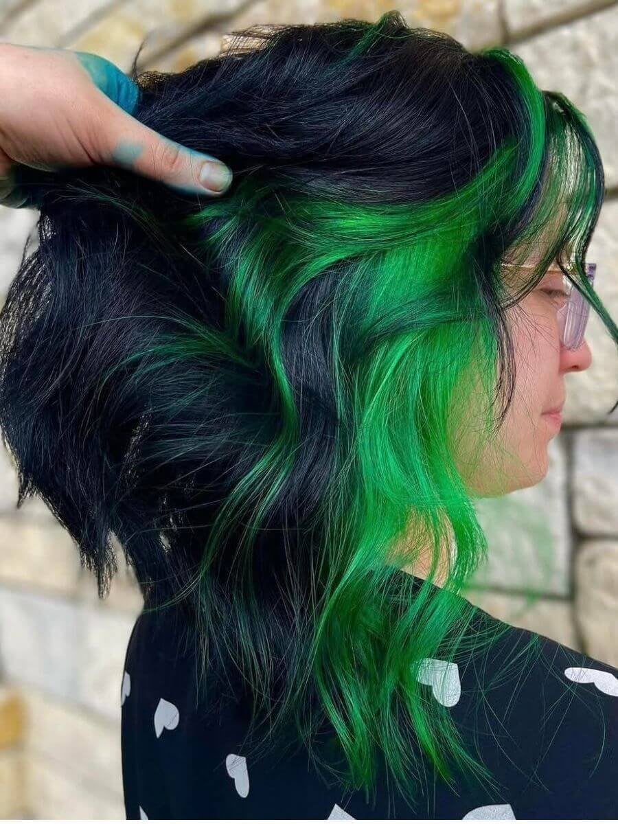 Collarbone Black Bob With Electric Green Peekaboo — Peekaboo Hair