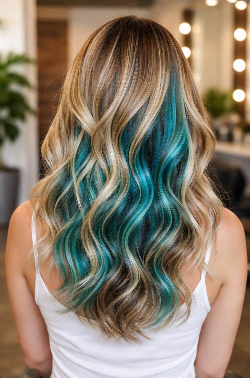 Mid-Back Blonde Hair With Teal Peekaboo Streaks — Peekaboo Hair