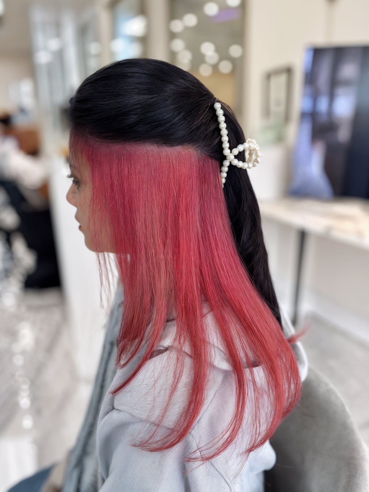 Mid-Back Black Hair With Pink Underlayer, Straight — Peekaboo Hair