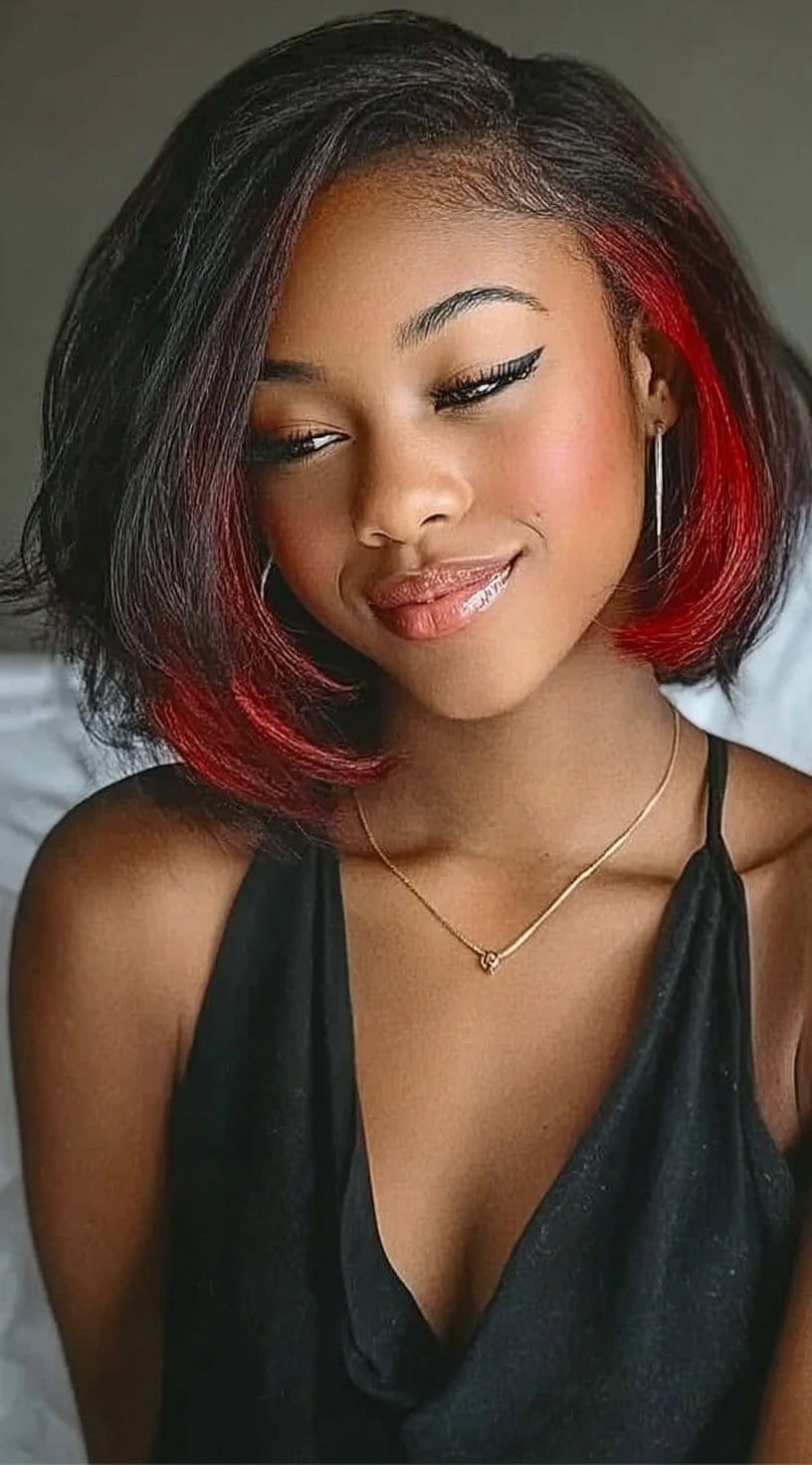 Black Bob With Red Peekaboo Highlights — Peekaboo Hair