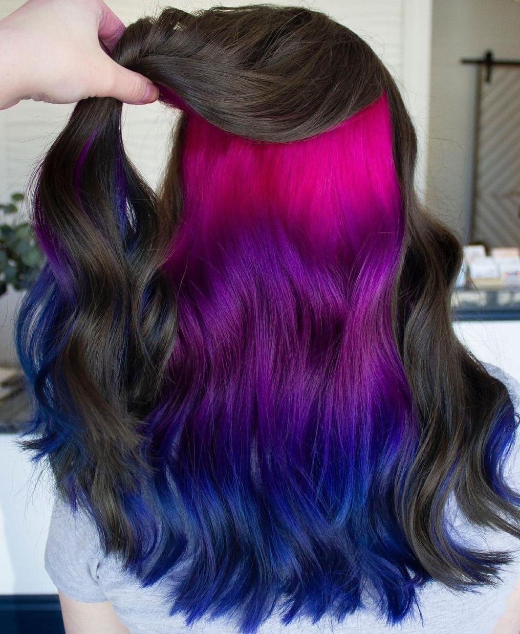 Dark Brown Lob With Purple and Blue Peekaboo Ombre — Peekaboo Hair