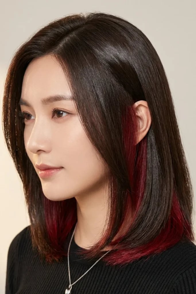 Sleek Dark Brown Lob With Red Peekaboo Highlights — Peekaboo Hair
