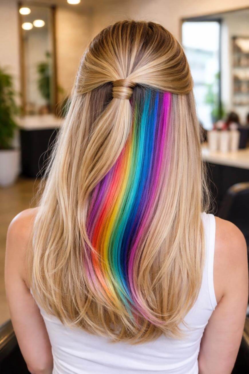 Dark Base With Rainbow Peekaboo Highlights — Peekaboo Hair Color