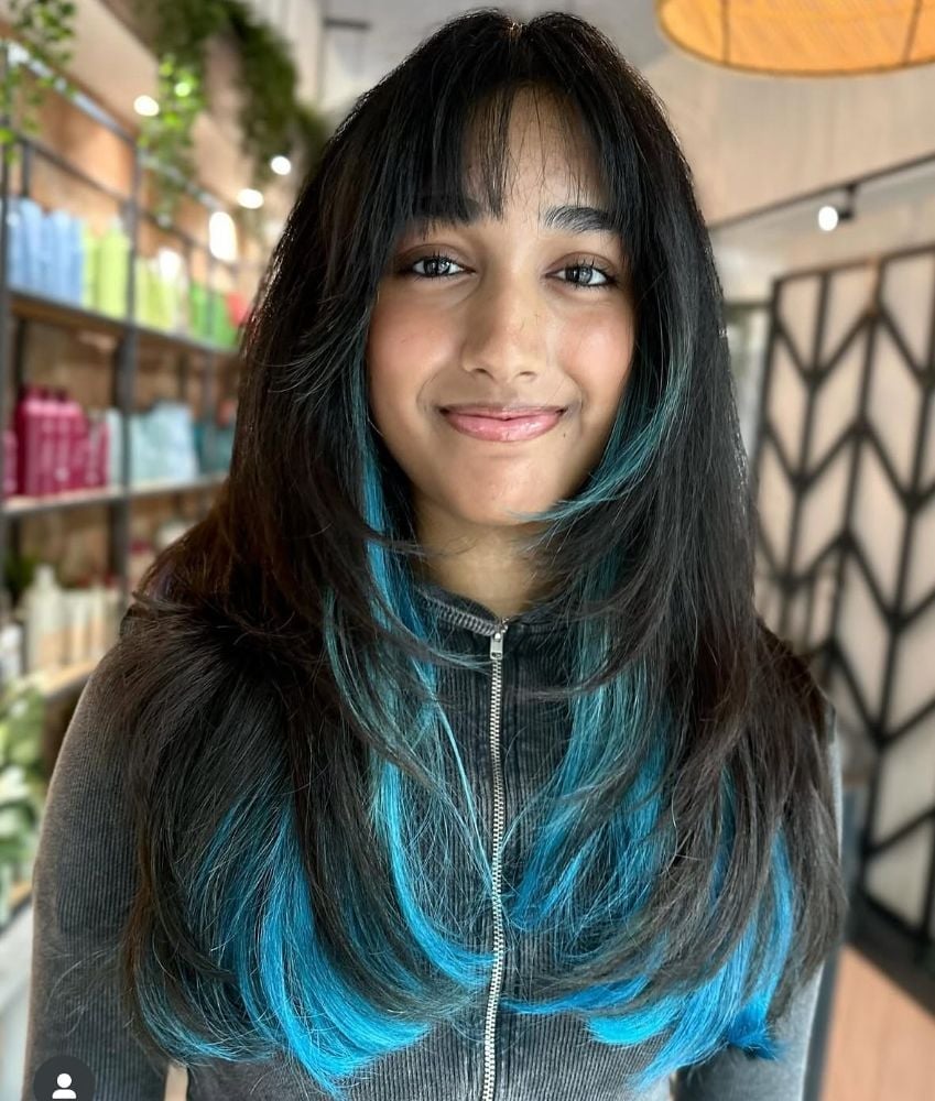 Dark Brown With Blue Peekaboo and Full Bangs — Peekaboo Hair Color