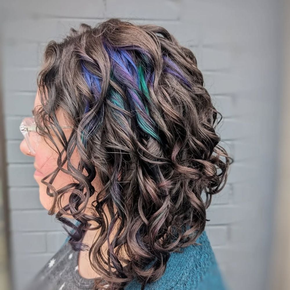 Dark Brown With Blue Green Purple Peekaboo Curls — Peekaboo Hair Color