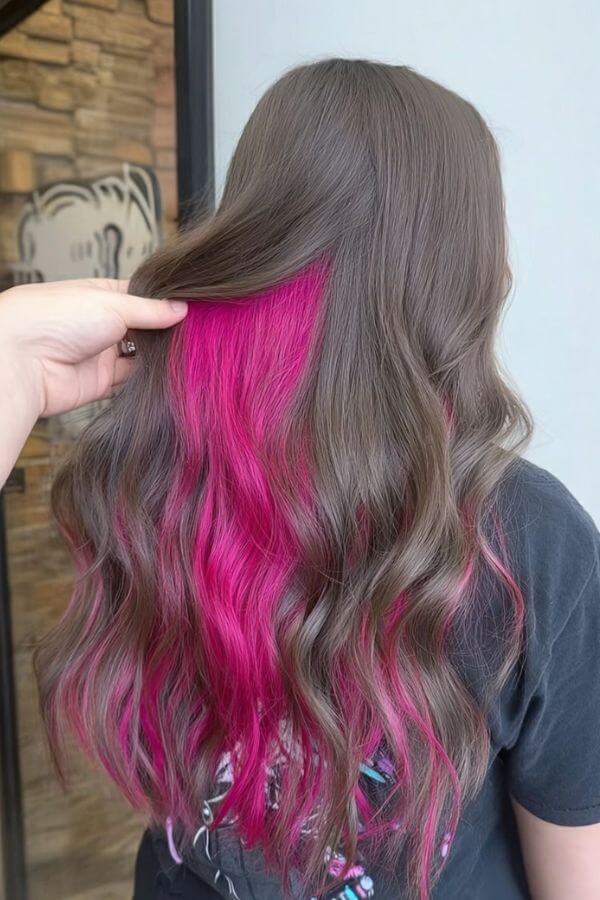 Dark Brown With Bright Pink Peekaboo — Peekaboo Hair Color