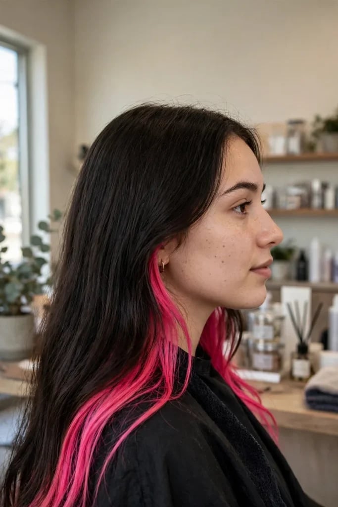 Long Dark Brown With Bright Pink Peekaboo, Wavy — Peekaboo Hair Color