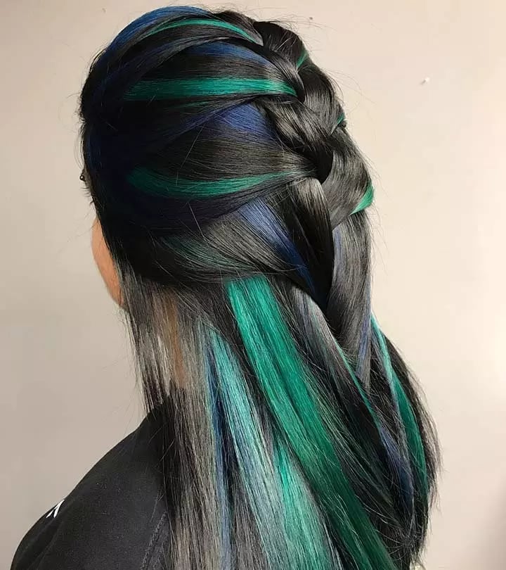 Black With Blue Green Peekaboo Braid — Peekaboo Hair Color