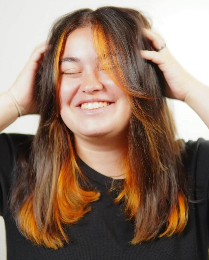 Dark Brown With Orange Blonde Peekaboo — Peekaboo Hair Color