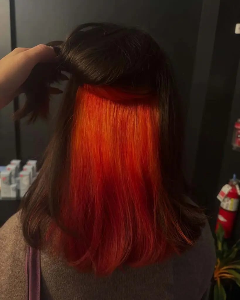 Dark Brown With Orange Red Peekaboo, Collarbone — Peekaboo Hair Color