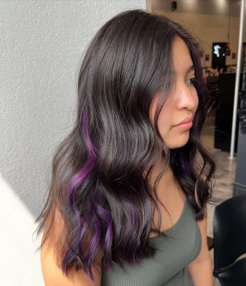 Dark Brown With Blue Peekaboo and Full Bangs, Close-Up Take — Peekaboo Hair Color