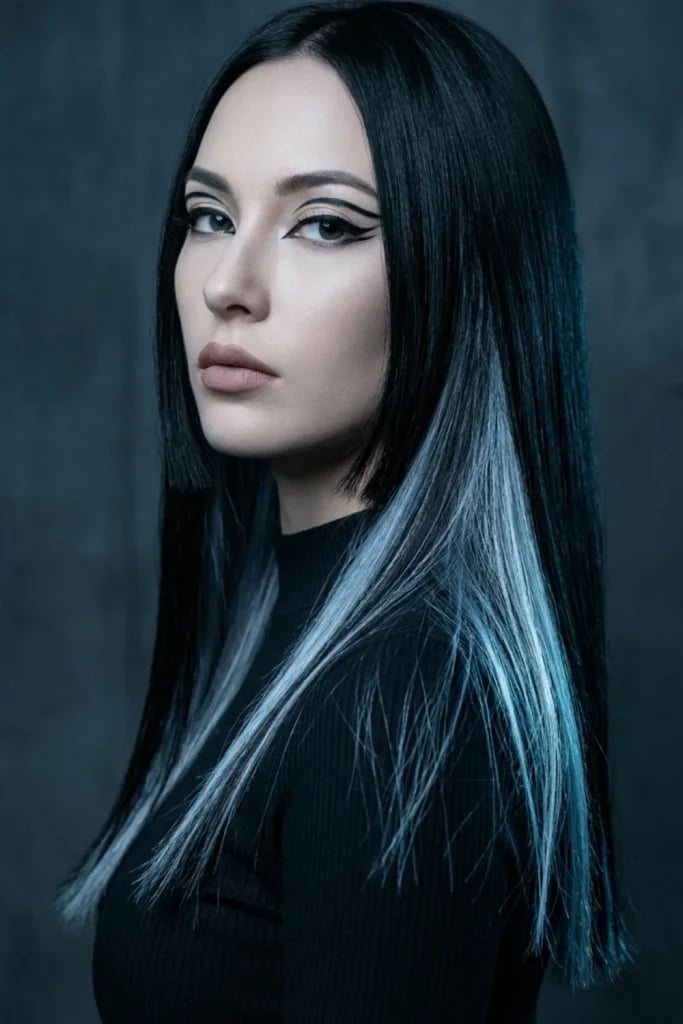 Black With Blue Silver Peekaboo and Blunt Bangs — Peekaboo Hair Color