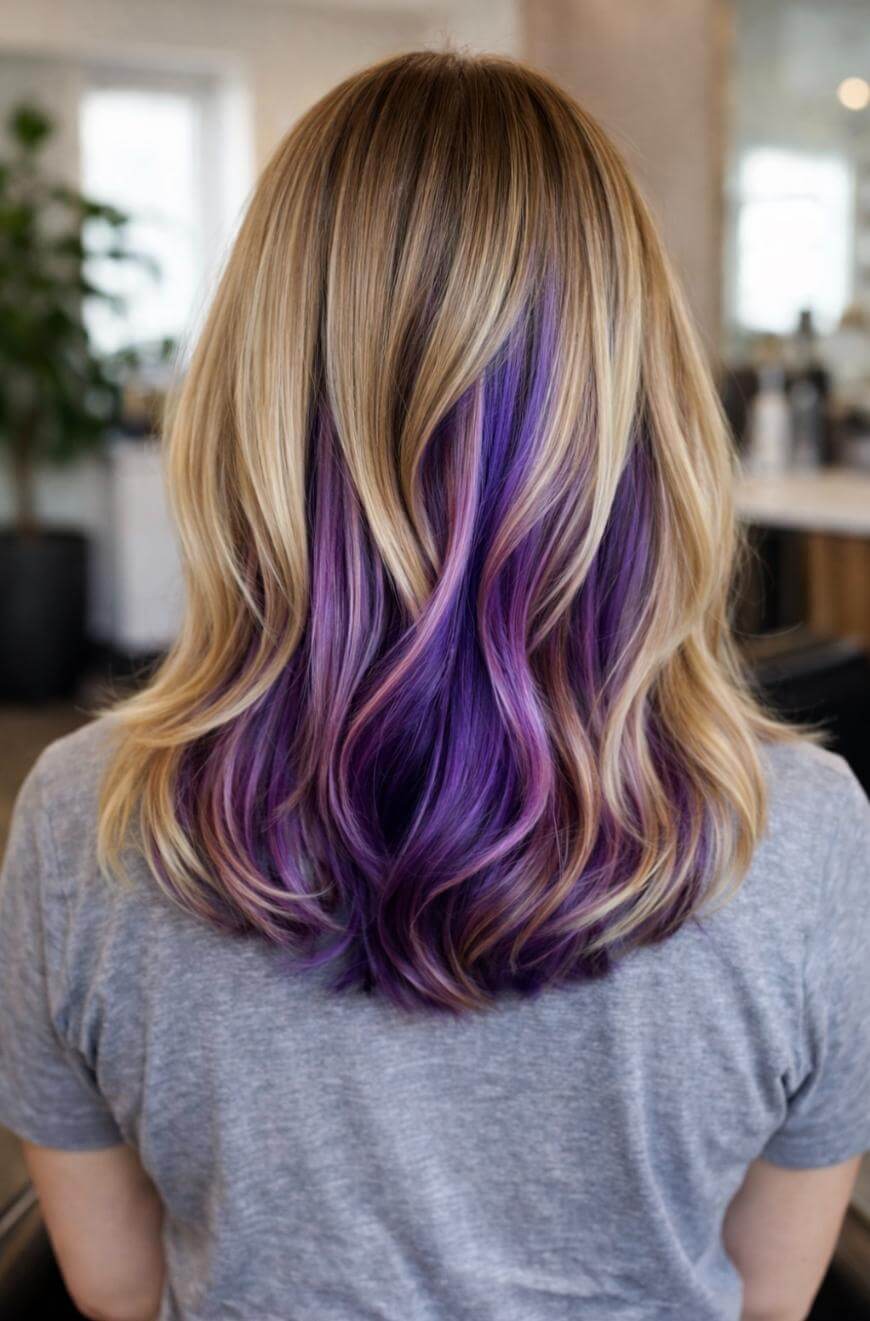Blonde Lob With Purple Peekaboo Ends — Peekaboo Hair Color
