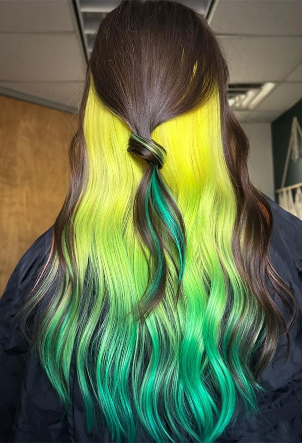 Dark Brown With Neon Yellow Green Peekaboo — Peekaboo Hair Color