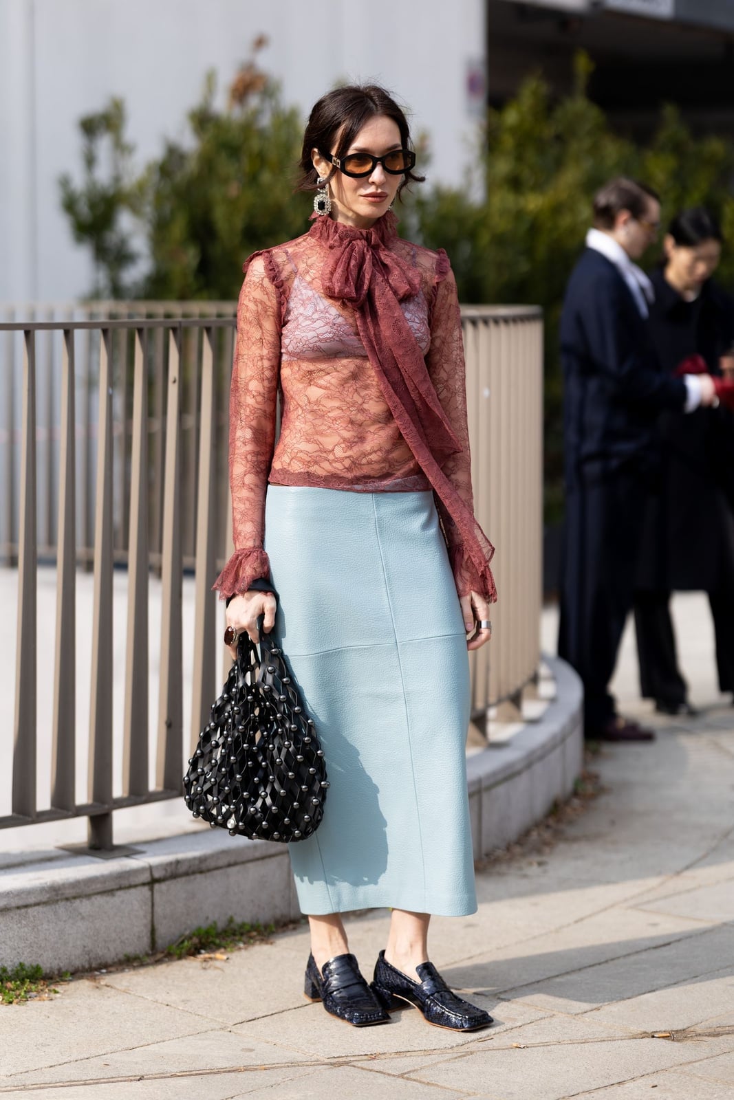 Light Blue Faux Leather Pencil Skirt with Lace Top Light Blue Faux Leather Pencil Skirt with Lace Top — Pencil Skirt Outfits