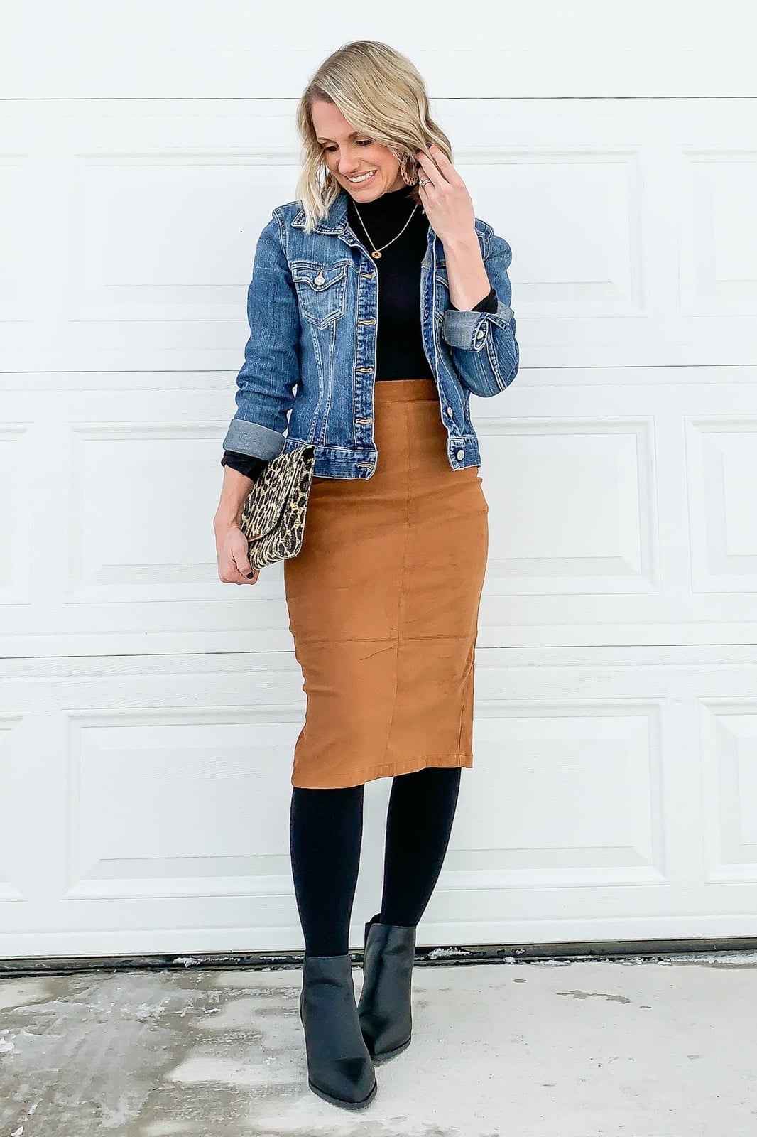 Brown Faux Suede Pencil Skirt with Denim Jacket Brown Faux Suede Pencil Skirt with Denim Jacket — Pencil Skirt Outfits
