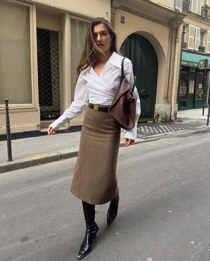 Brown Tweed Pencil Skirt and Wrap Blouse Brown Tweed Pencil Skirt and Wrap Blouse — Pencil Skirt Outfits