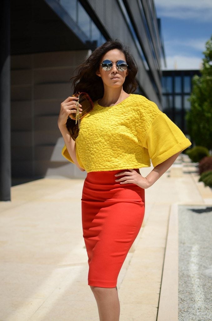 Red Pencil Skirt with Yellow Crop Top Red Pencil Skirt with Yellow Crop Top — Pencil Skirt Outfits