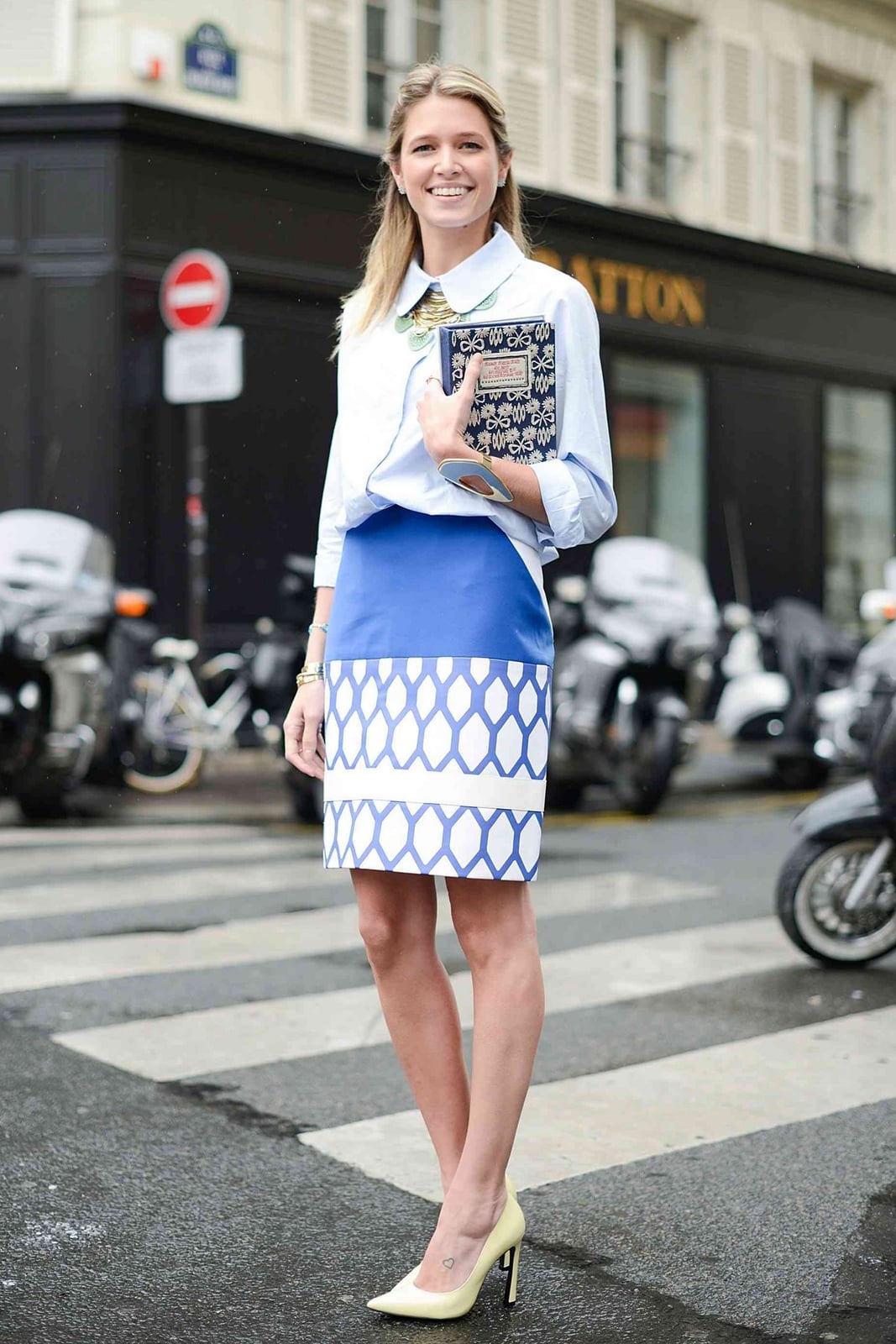Geometric Pencil Skirt with Blue Shirt Geometric Pencil Skirt with Blue Shirt — Pencil Skirt Outfits