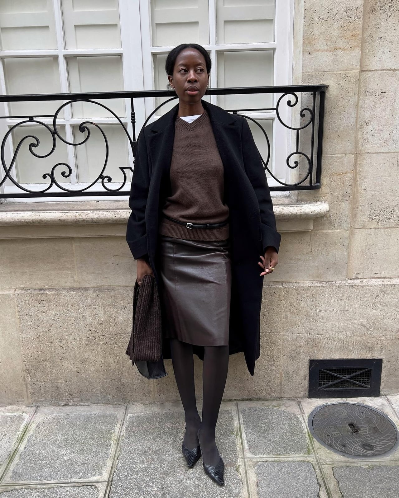 Brown Leather Pencil Skirt Layered Look Brown Leather Pencil Skirt Layered Look — Pencil Skirt Outfits