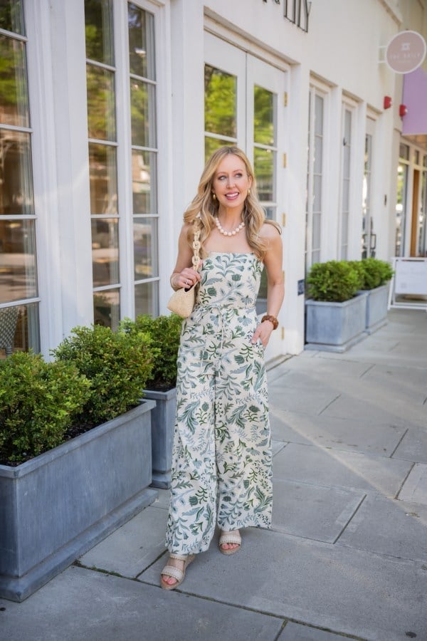 Strapless Botanical Print Jumpsuit — Photo Outfit