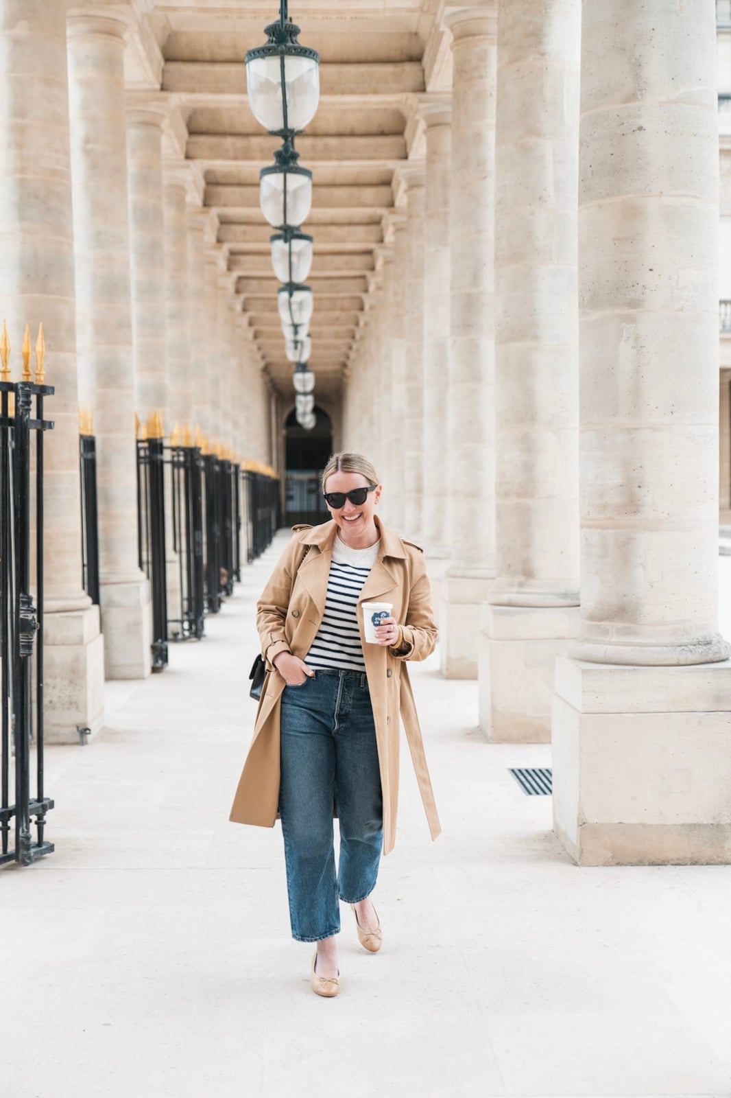Beige Trench Coat with Striped Top and Straight-Leg Jeans — Photo Outfit