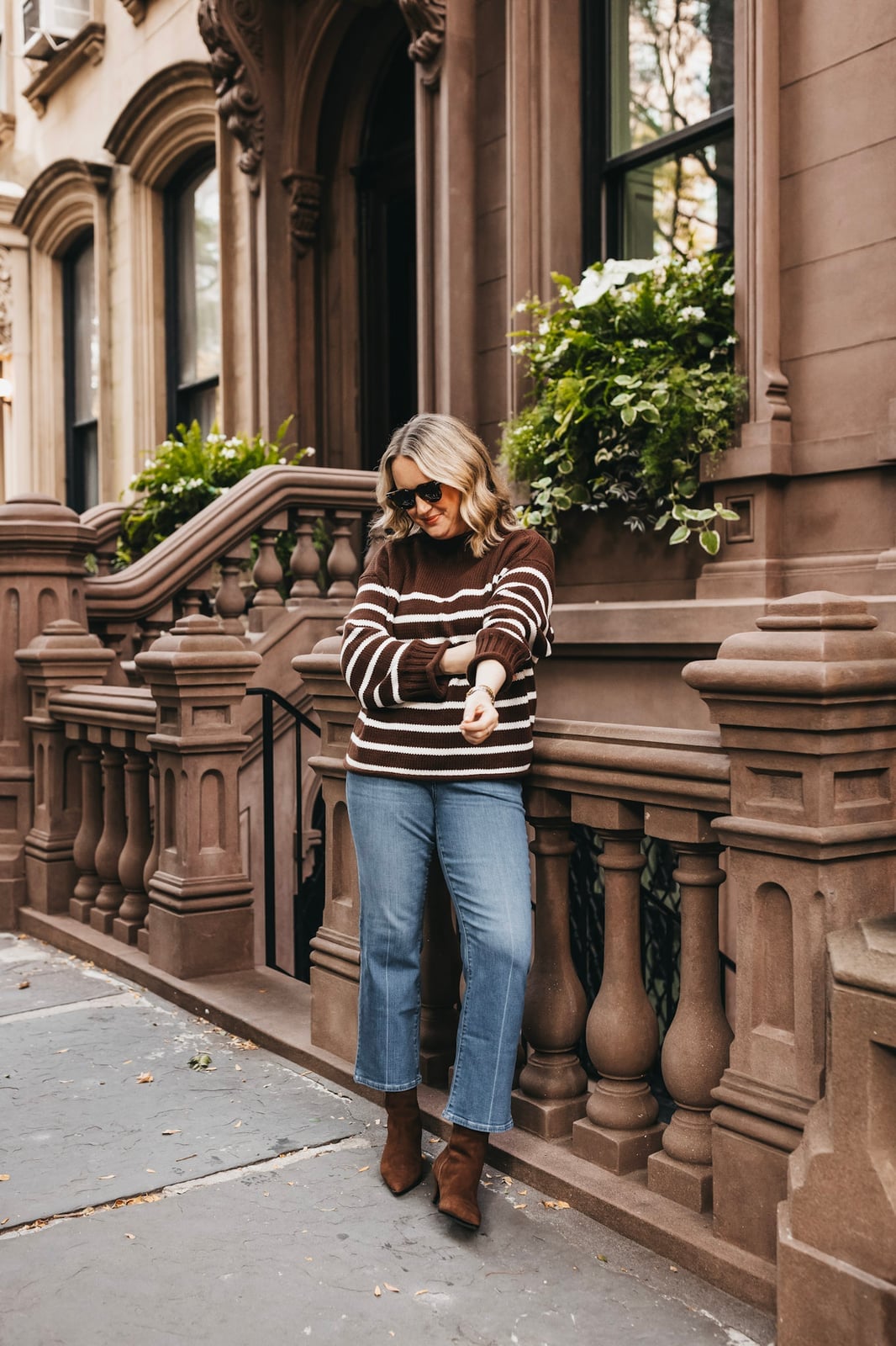 Striped Knit Sweater with Cropped Flare Jeans — Photo Outfit