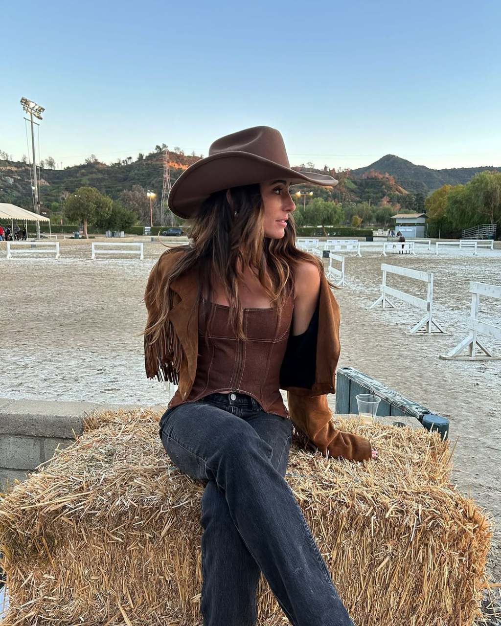 Brown Suede Jacket with Fringe and Corset Top — Photo Outfit