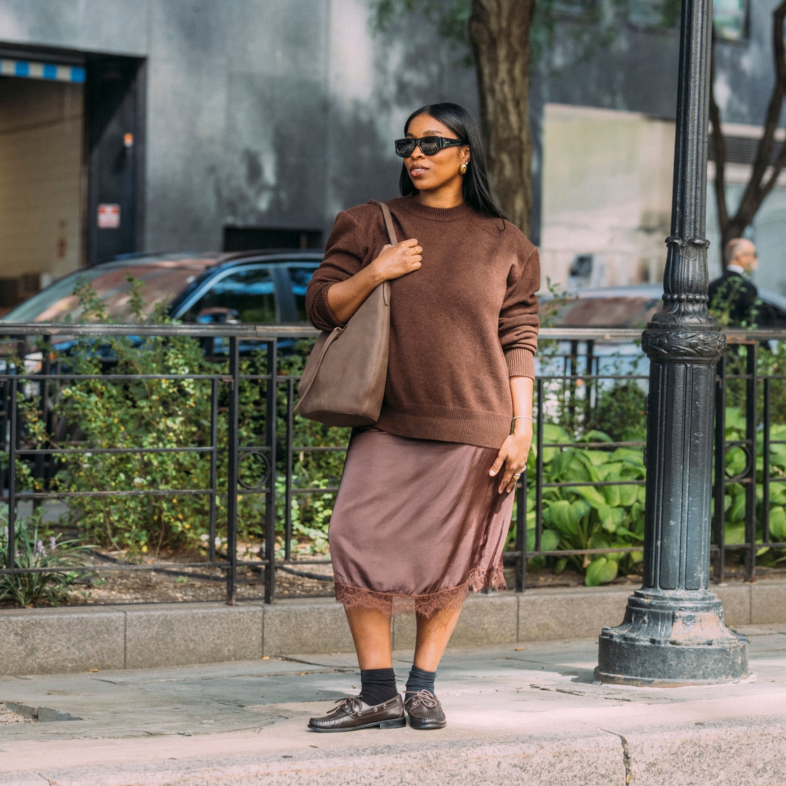 Oversized Brown Sweater with Satin Slip Skirt — Photo Outfit