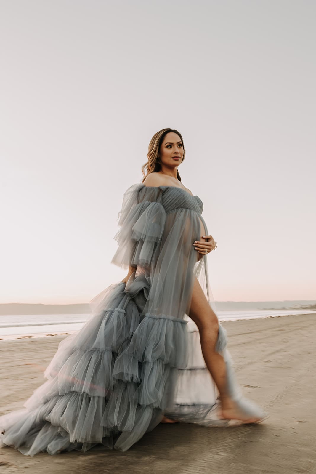 Sheer Gray Tulle Gown with Dramatic Ruffles — Photoshoot Dress