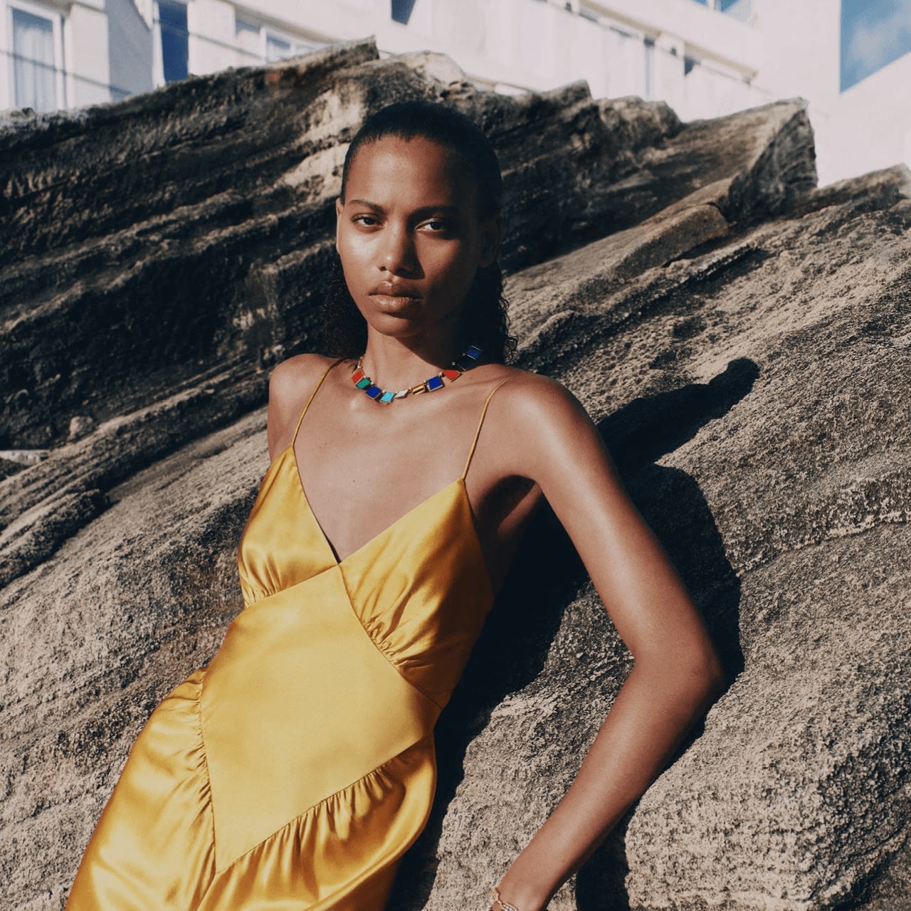 Bright Yellow Silk Satin Dress with Asymmetrical Ruffled Skirt — Photoshoot Dress