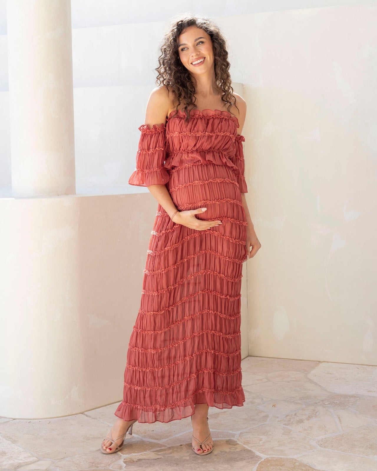 Coral Pink Maternity Dress with Voluminous Tiered Skirt — Photoshoot Dress