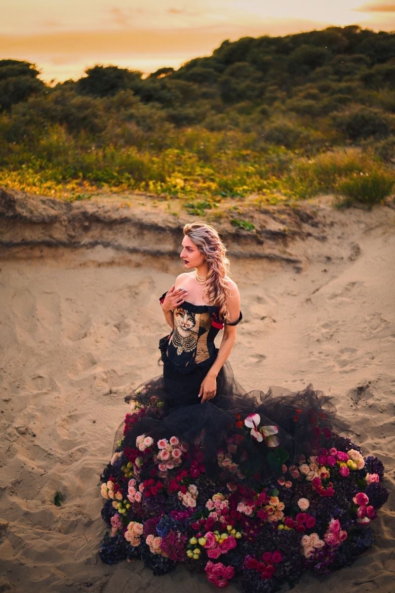 Black Corset Bodice Dress with Floral Embellished Skirt — Photoshoot Dress
