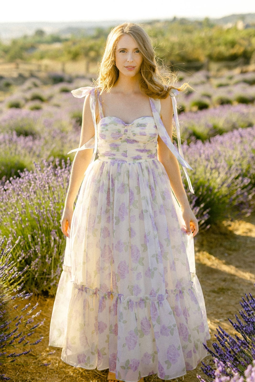 Cream Sheer Floral Print Dress with Tiered A-Line Skirt — Photoshoot Dress